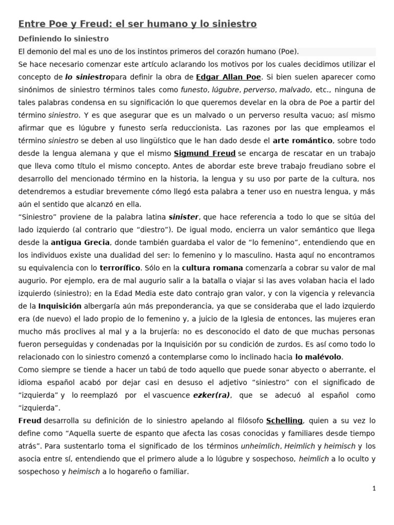 Lo Siniestro en Poe y Freud | PDF | Edgar Allan Poe | Temor