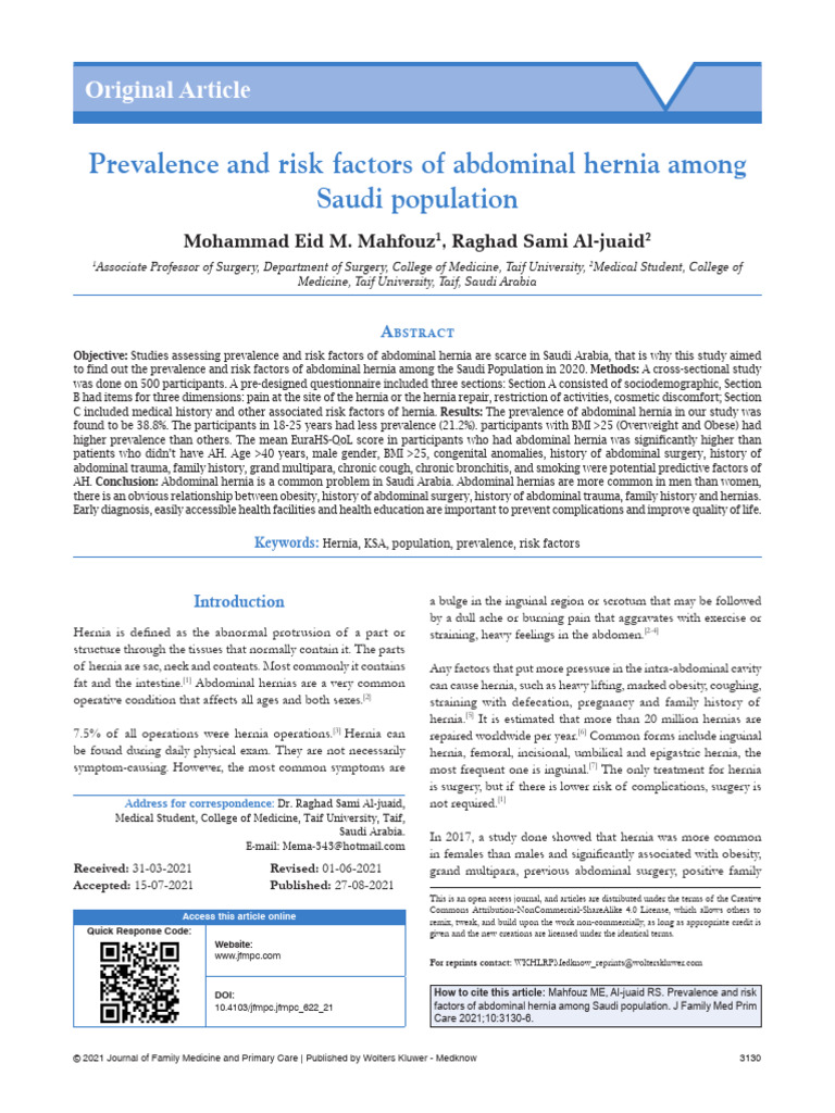 Prevalence and Risk Factors of Abdominal Hernia.64 | PDF