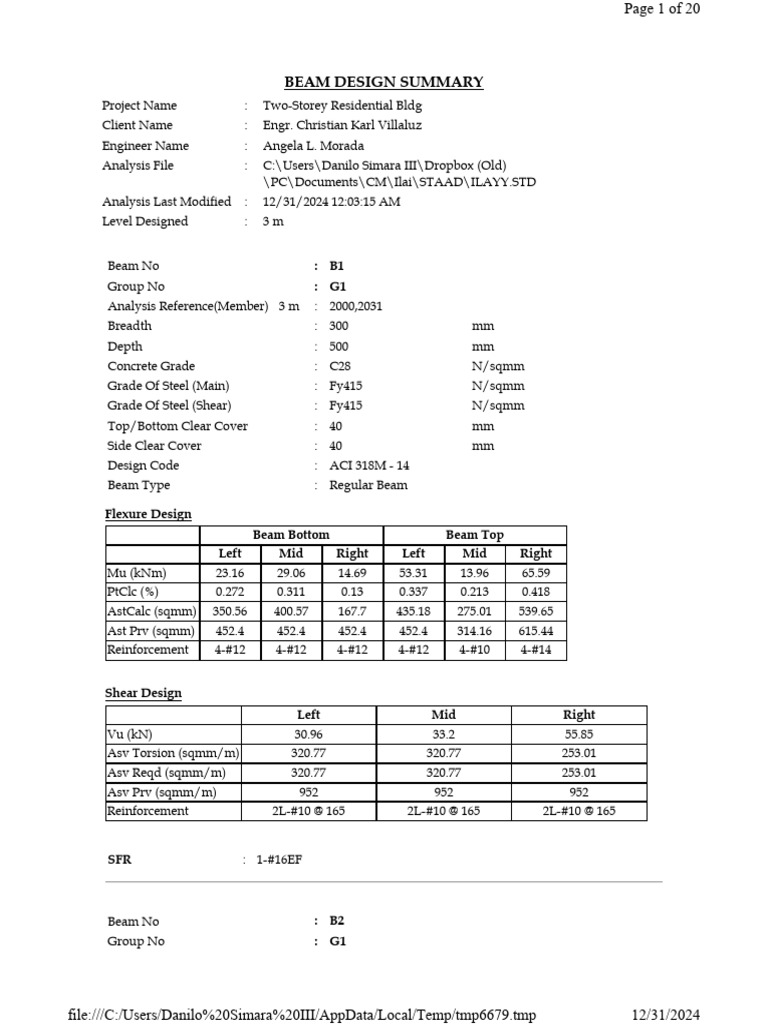 Beam Design Summary for Residential Building | PDF | Beam (Structure ...