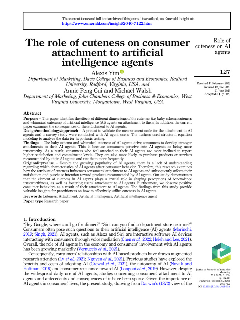 The Role of Cuteness On Consumer Attachment To Artificial