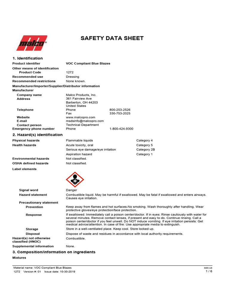 Safety Data Sheet: 1. Identification | PDF | Hazards | Occupational ...
