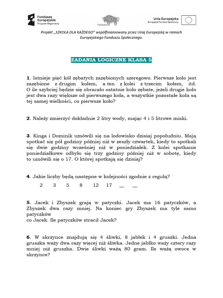 Karta Pracy Zadania Logiczne Klasa 5 | PDF