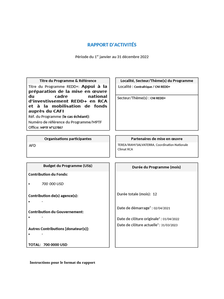 Rapport d'activités REDD+ RCA 2022 | PDF | République centrafricaine ...