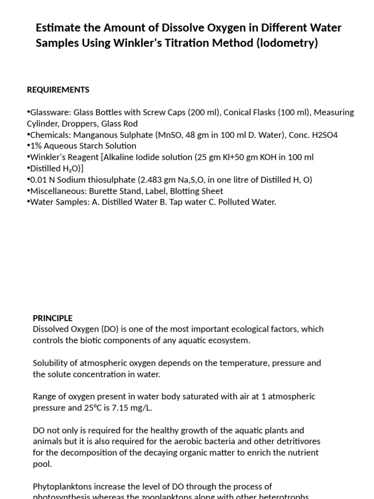 Dissolved Oxygen Measurement via Titration | PDF | Titration | Chemistry