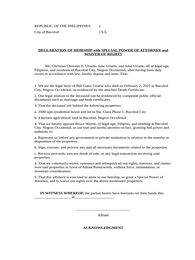 Declaration of Heirship and Power of Attorney | PDF | Affidavit | Legal ...