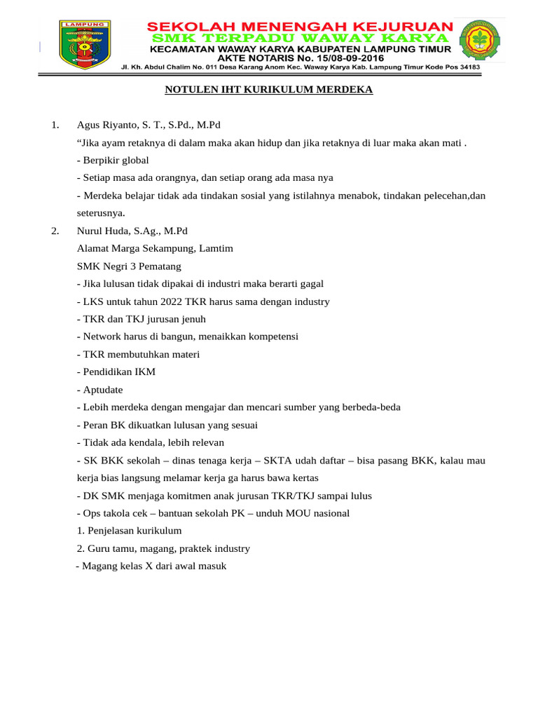 Notulen IHT Kurikulum Merdeka 2022 | PDF