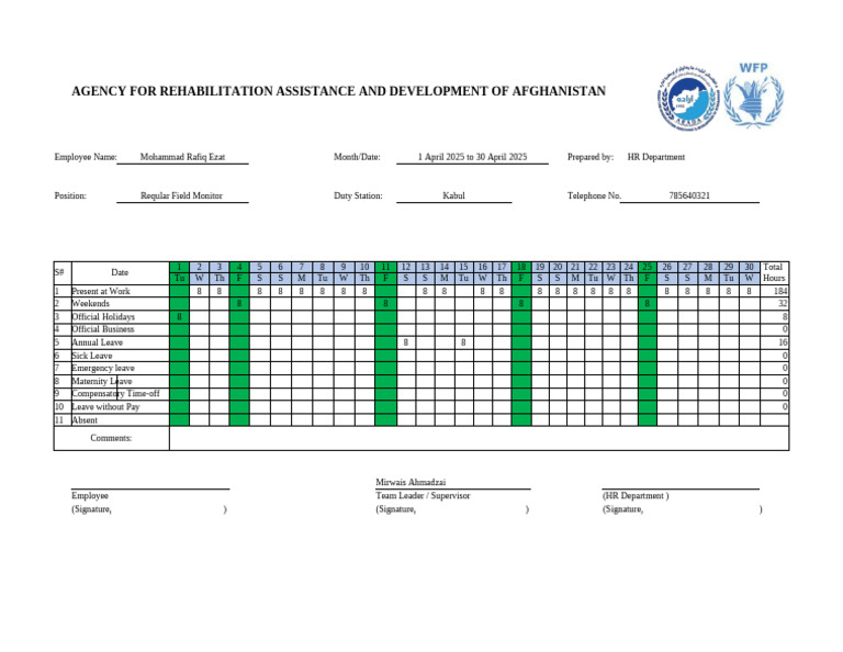 Rafiq Ezat April Month Time Sheet 2025 | PDF | Working Time | Business
