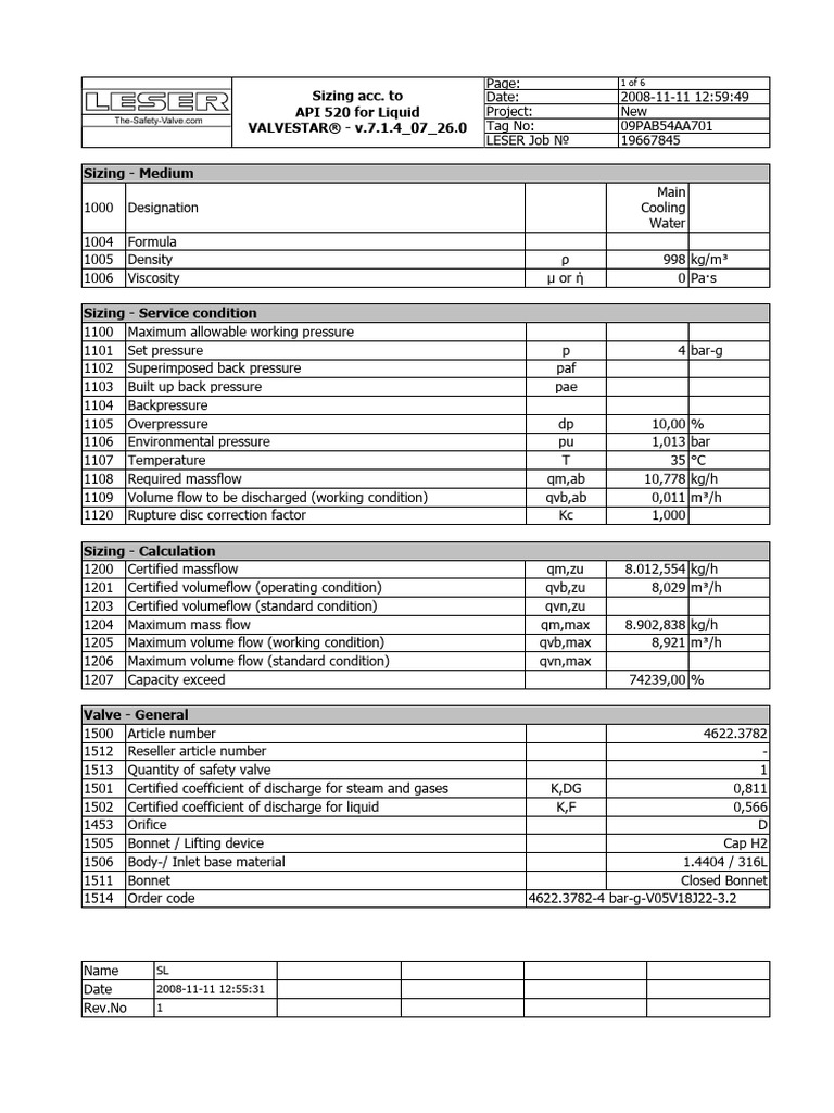 09PAB54AA701 (API 520 Liquid) | PDF | Valve | Pressure