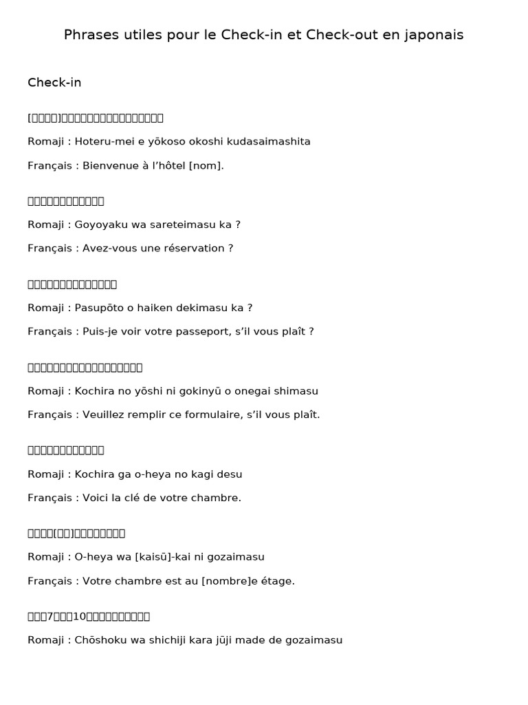 Phrases pour Check-in et Check-out japonais | PDF