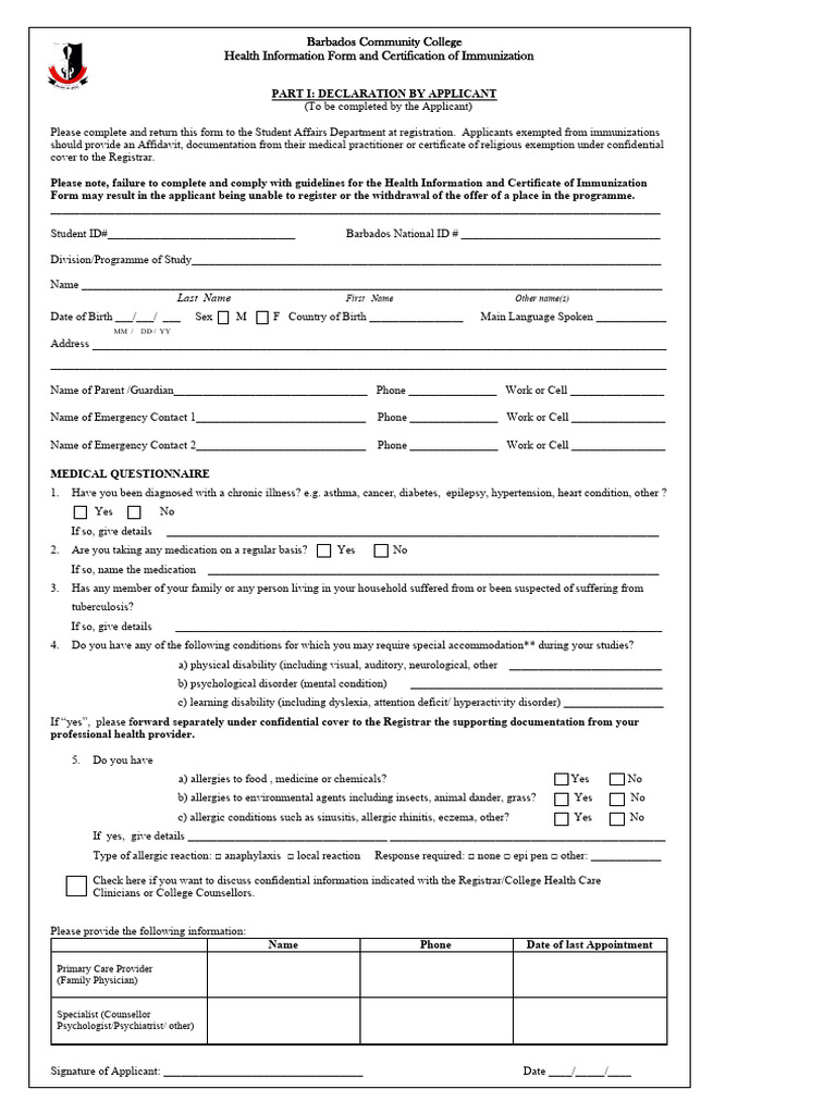 Barbados College Health Info & Immunization Form | PDF | Medical ...