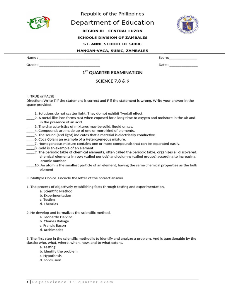 Science 1st Quarter Exam for Grades 7-9 | PDF | Chemical Elements ...