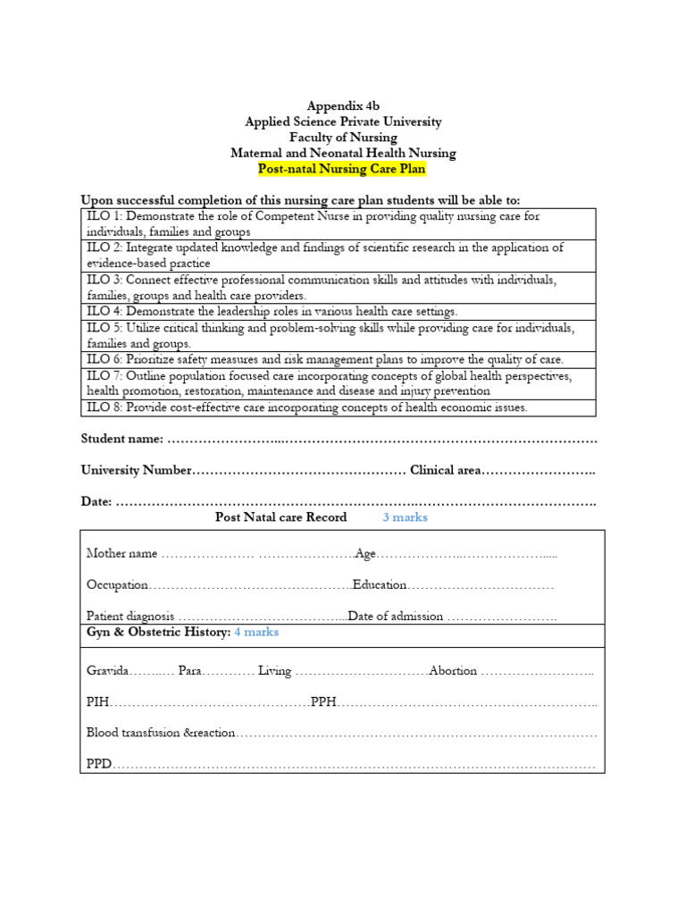 Postnatal Nursing Care Plan Template | PDF | Childbirth | Postpartum Period