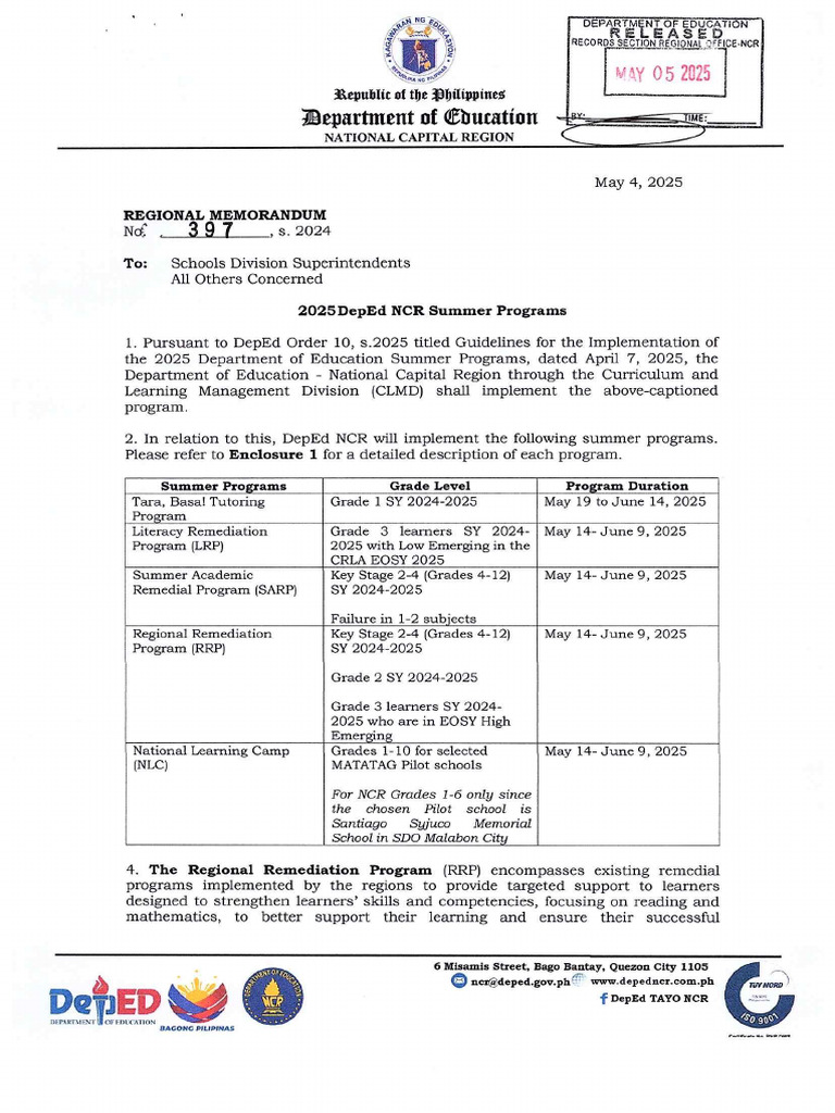 RM No. 397 S. 2025 2025 DepEd NCR Summer Programs | PDF