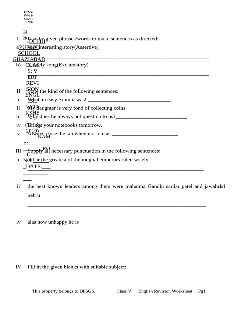 Class V English Revision Worksheet | PDF | Grammar | Linguistics
