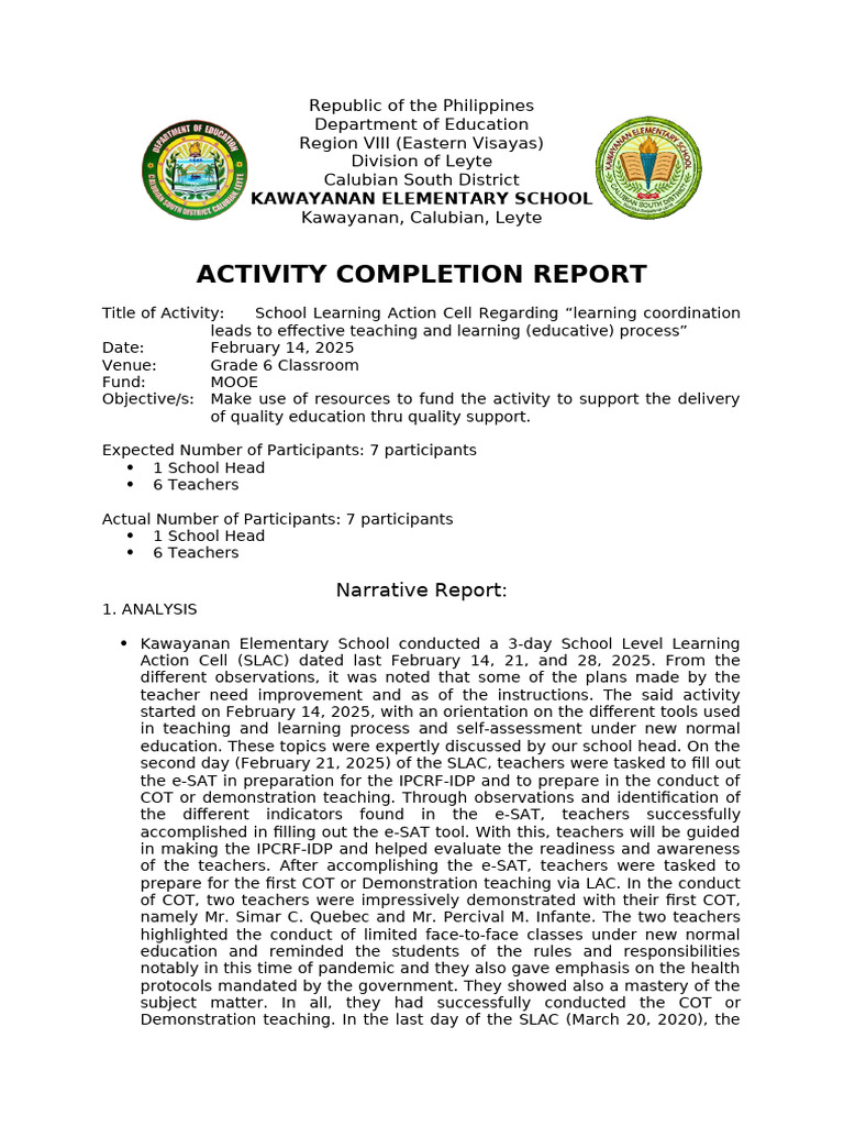SLAC Activity Report for Teachers in Leyte | PDF | Teachers | Education ...