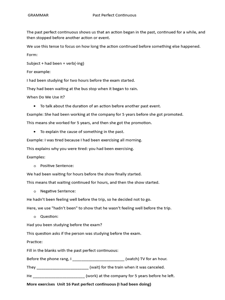GRAMMAR Past Perfect Continuous | PDF | Communication | Question