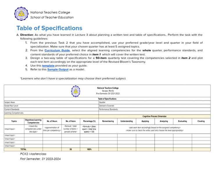 Task 3 - Table of Specifications | PDF