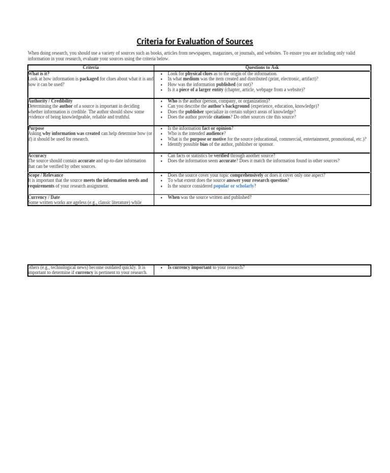 Criteria For Evaluation of Sources | PDF | Information | Cognition