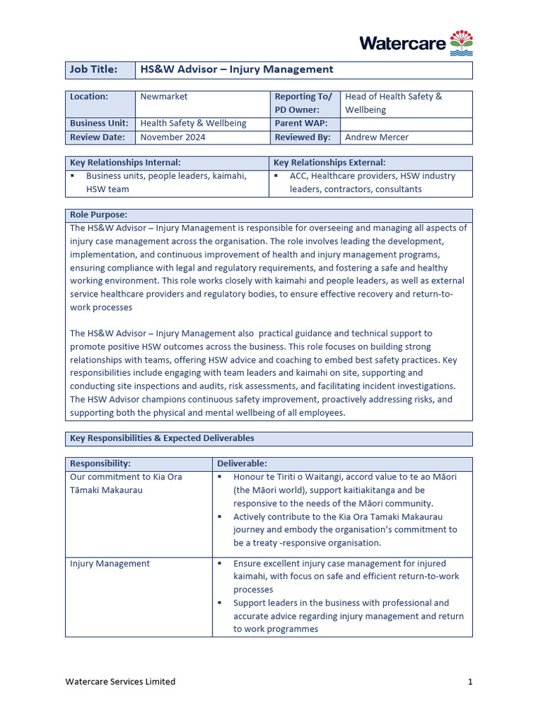 JD HSW Advisor - Injury MGMT | PDF | Occupational Safety And Health ...