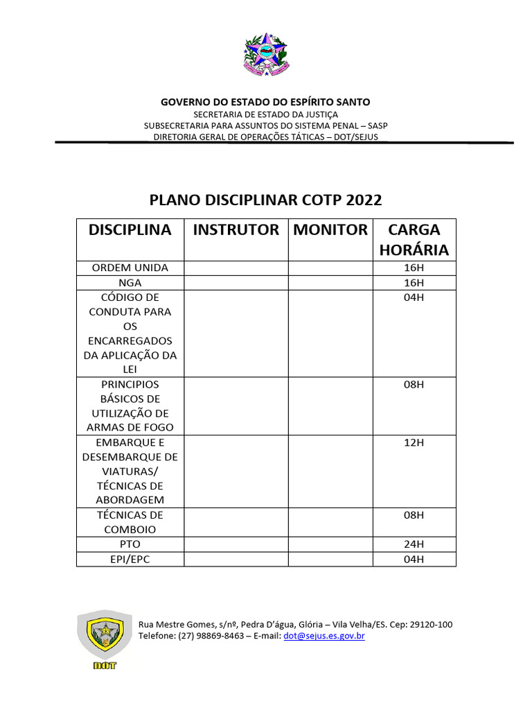 Plano Disciplinar COTP 2022 - SEJUS ES | PDF