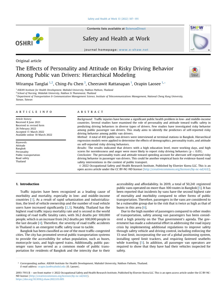 Risky Driving Behavior in Public Van Drivers | PDF | Traffic Collision ...