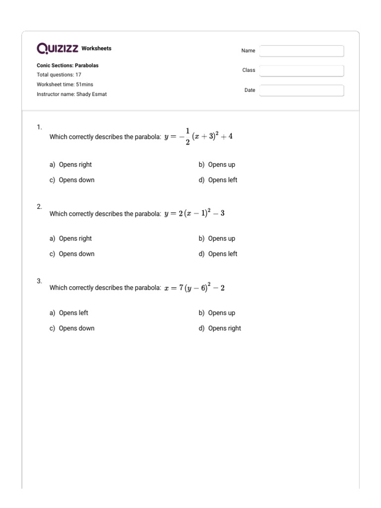 Parabola Worksheets for Students | PDF | Manifold | Differential Geometry