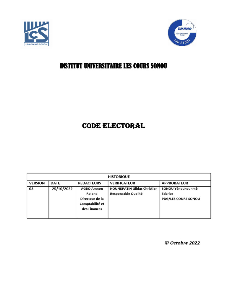 Code Électoral de l'Institut Sonou | PDF | Vote | Élections