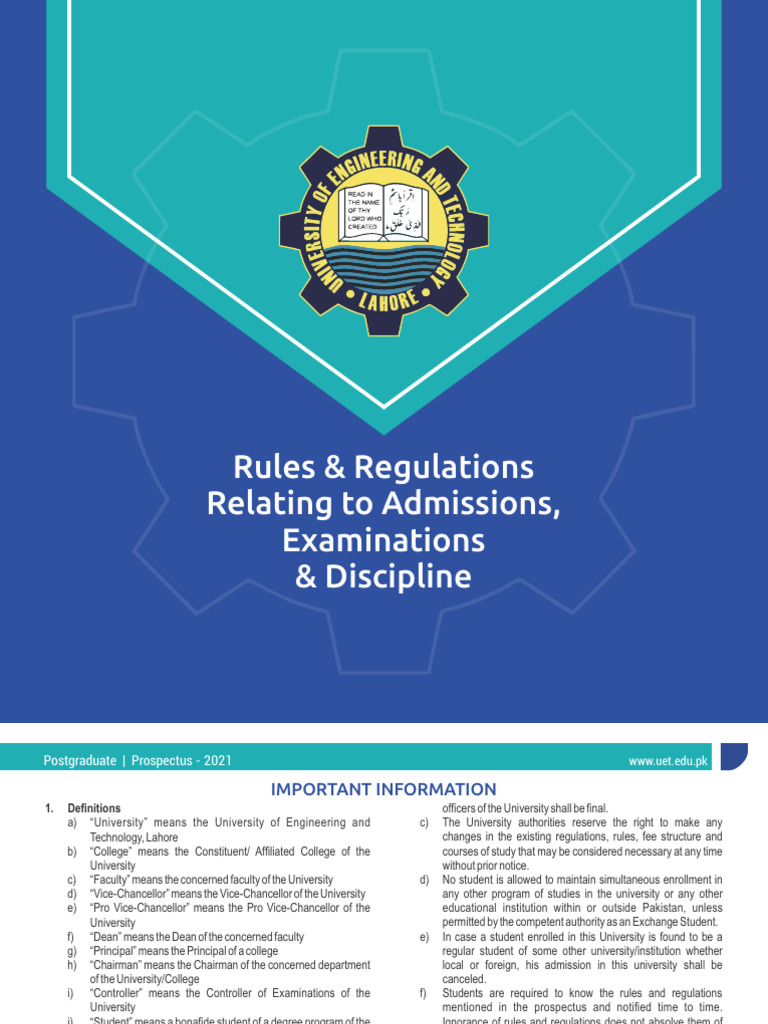 UET Lahore Admissions & Exam Regulations | PDF | Course Credit | Thesis