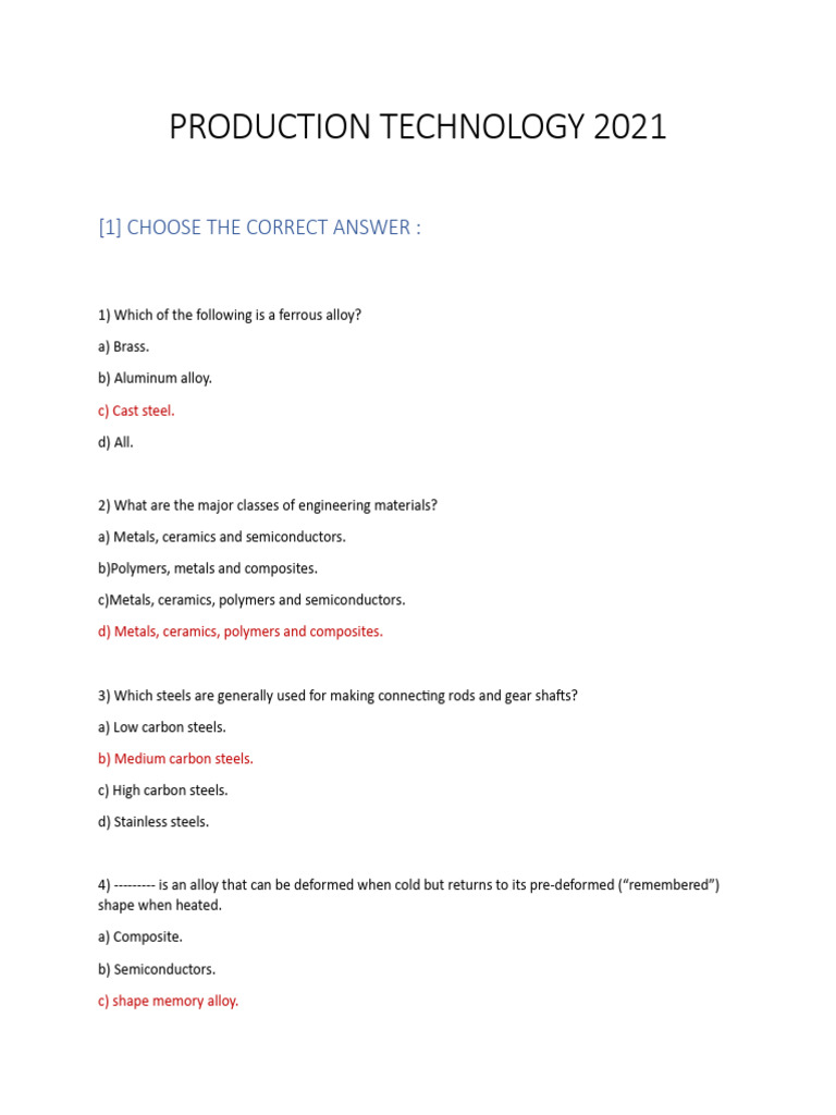 Production Technology 2021: (1) Choose The Correct Answer | PDF | Steel ...