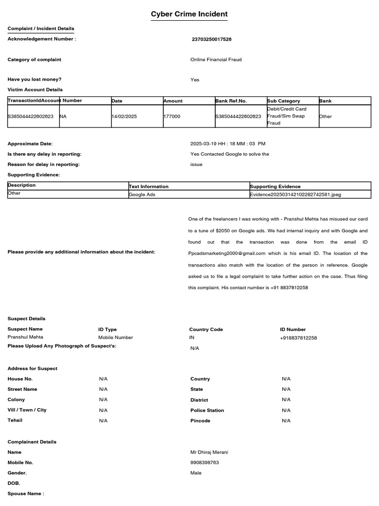 Cyber Fraud Complaint by Dhiraj Merani | PDF