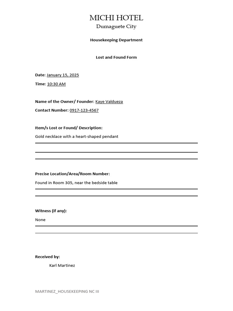 Michi Hotel Lost and Found Form | PDF