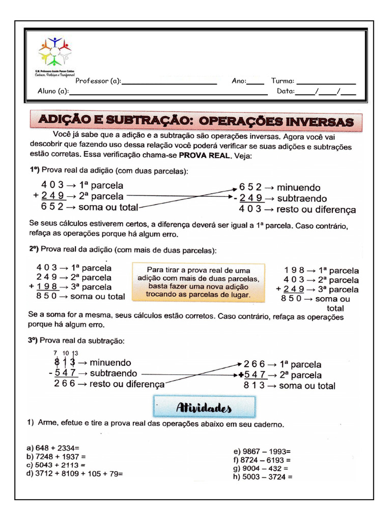 Atividades sobre Adição e Subtração | PDF
