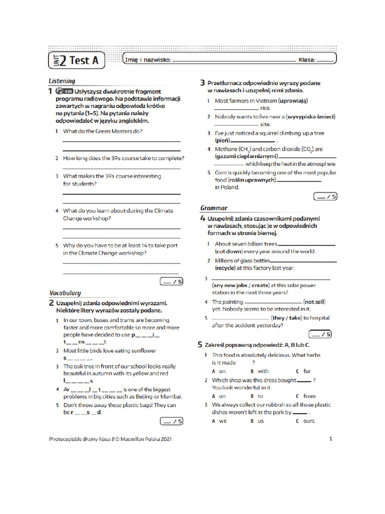 TEST 2A Klasa 8 Brainy | PDF