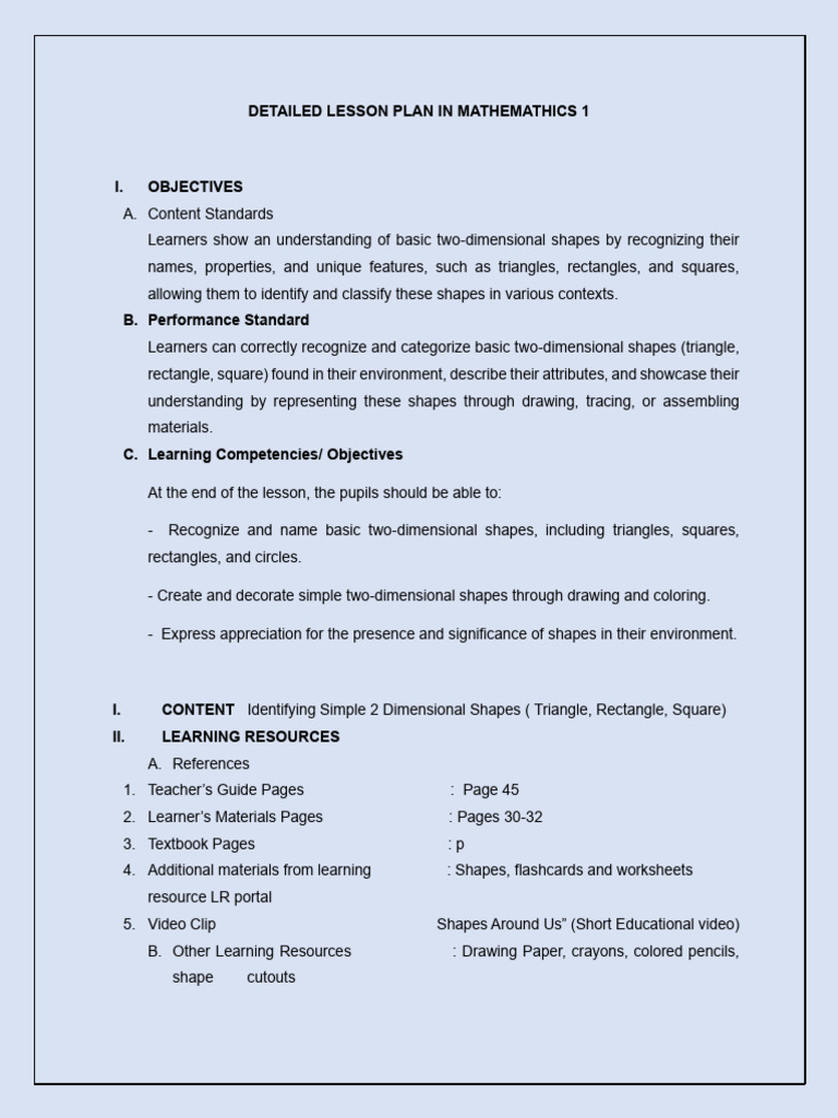 Detailed Lesson Plan in Math Grade 1 - Baroso Aljon | PDF | Shape ...