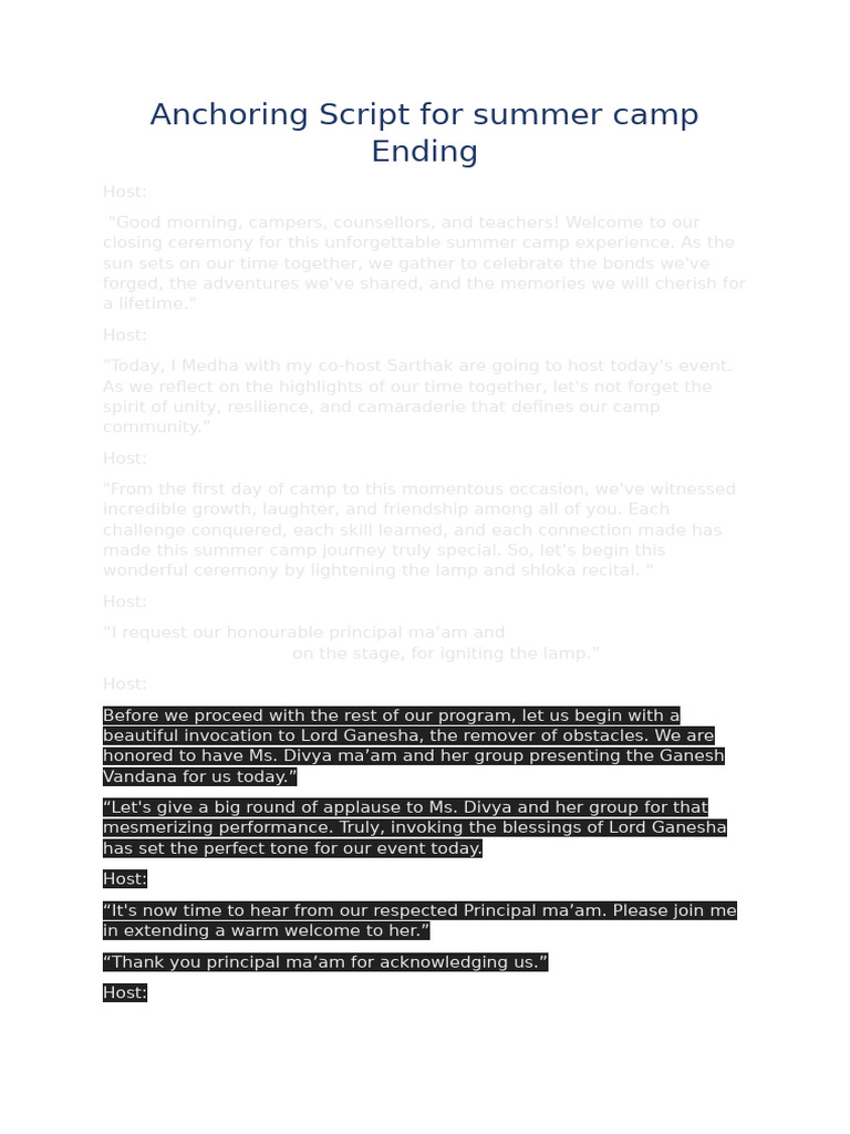 Summer Camp Closing Ceremony Script | PDF