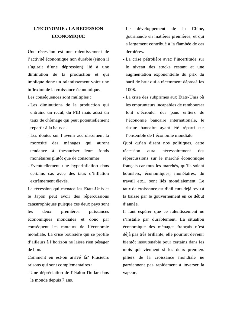 Récession économique : causes et impacts | PDF | Récession | Crise ...