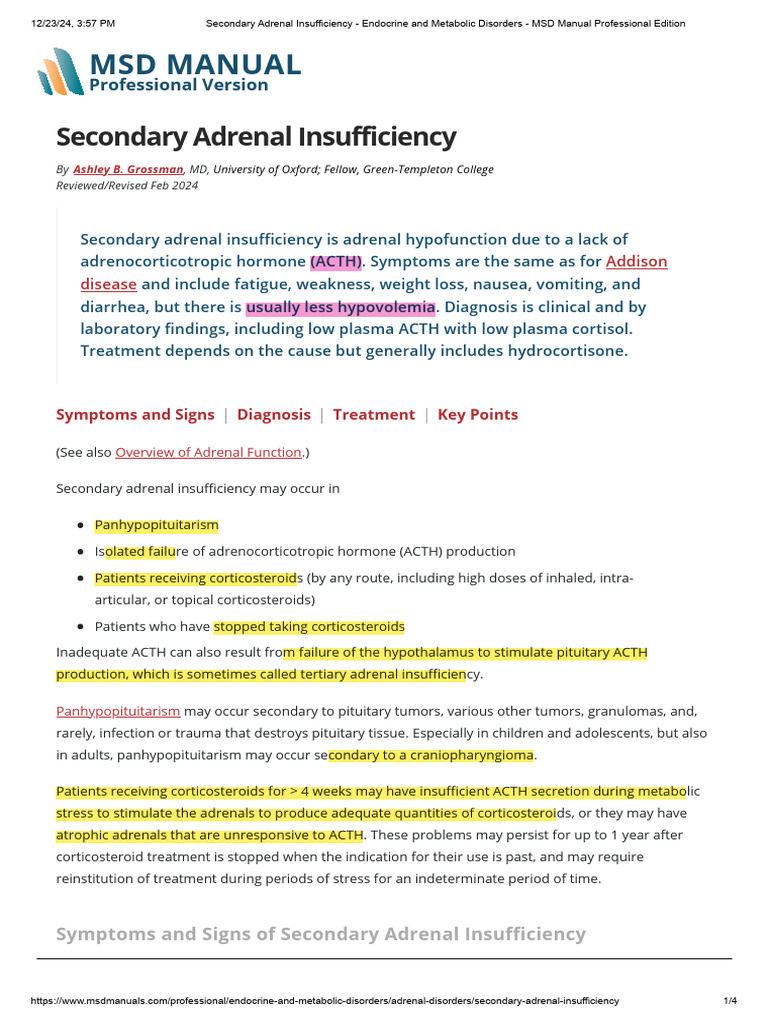 Secondary Adrenal Insufficiency Endocrine and Metabolic Disorders MSD ...