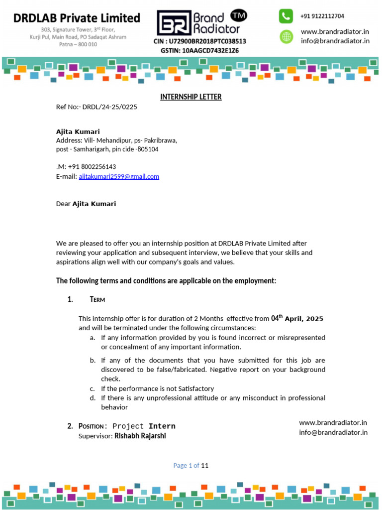 Internship Offer Letter for Ajita Kumari | PDF | Employment ...