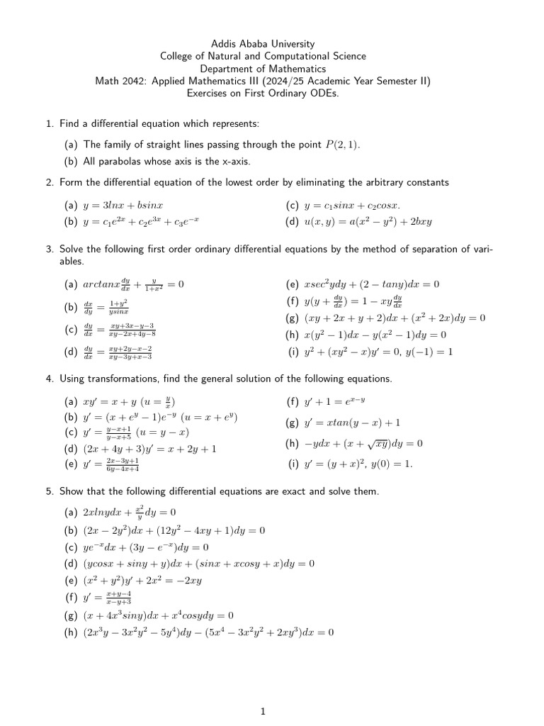 Applied Math III WS 1 | PDF | Ordinary Differential Equation | Equations