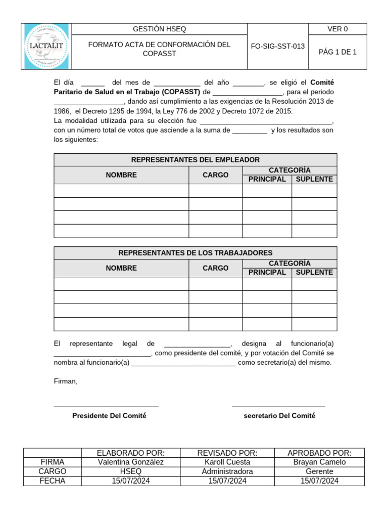 Acta de Conformación COPASST 2024 | PDF