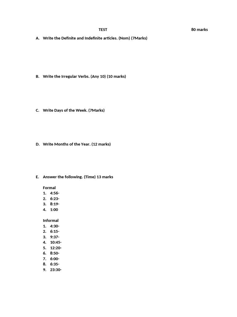 A1 Basics Revision Test Pdf