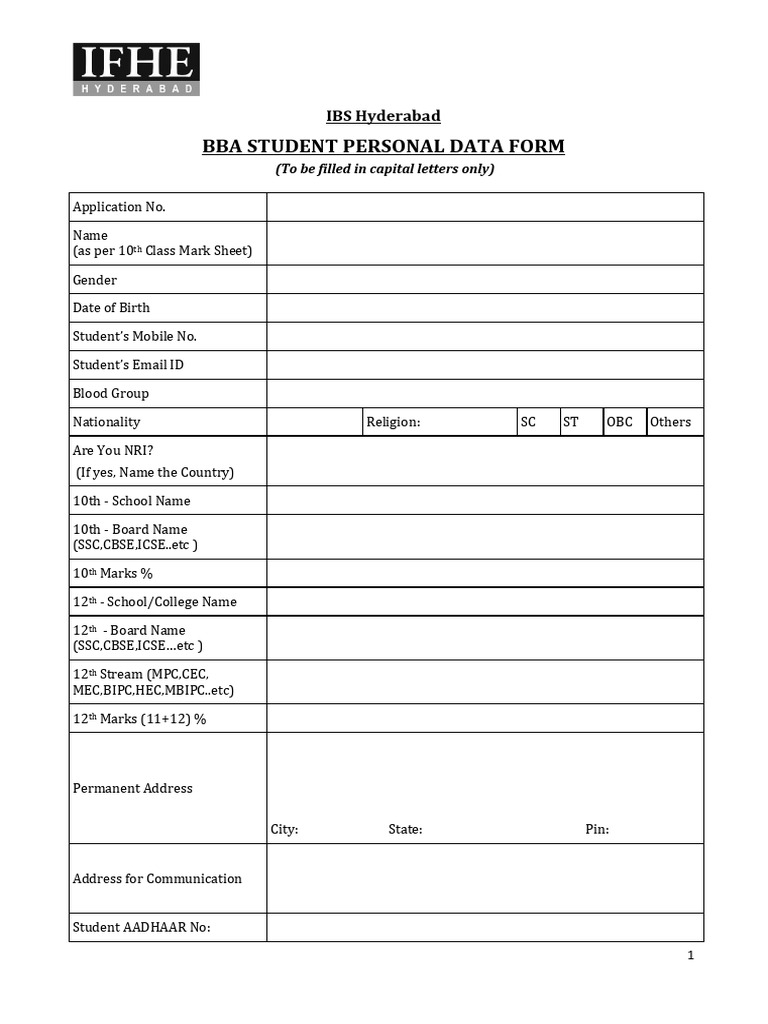 IBS Hyderabad BBA Student Data Form | PDF