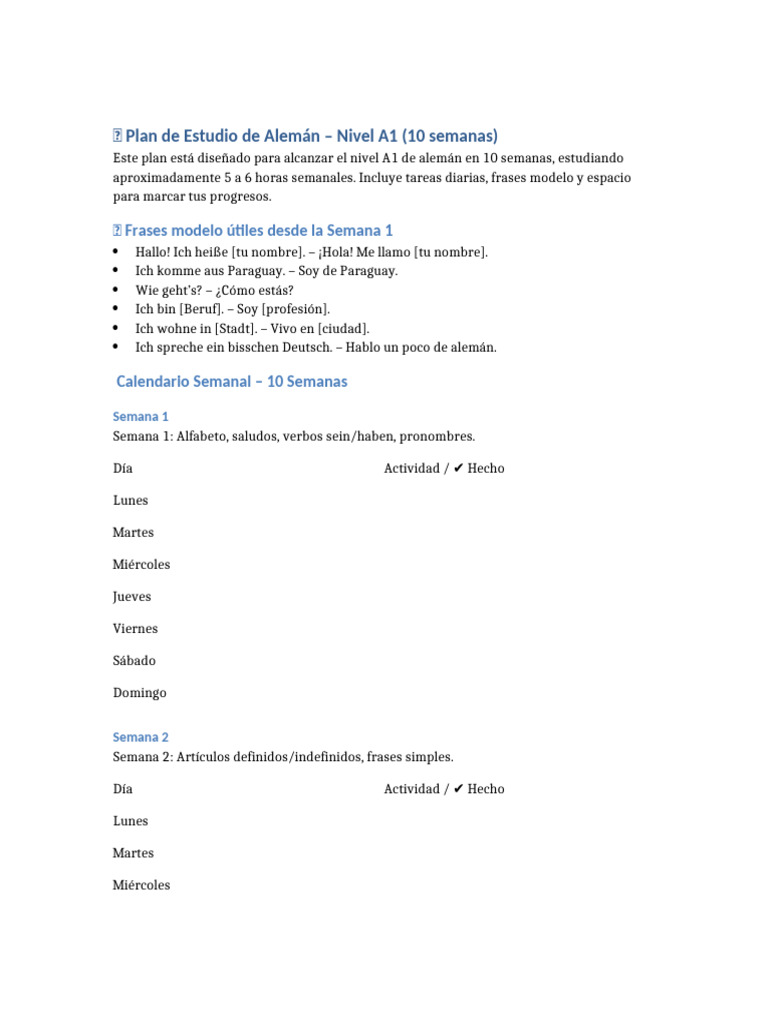 Plan A1 Aleman 10 Semanas v2 | PDF | Lingüística
