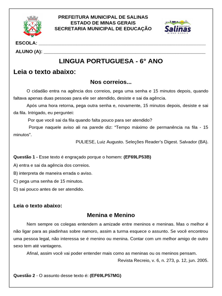 Avaliação Diagnóstica de Português - 6 Ano | PDF | Ritmo Circadiano ...