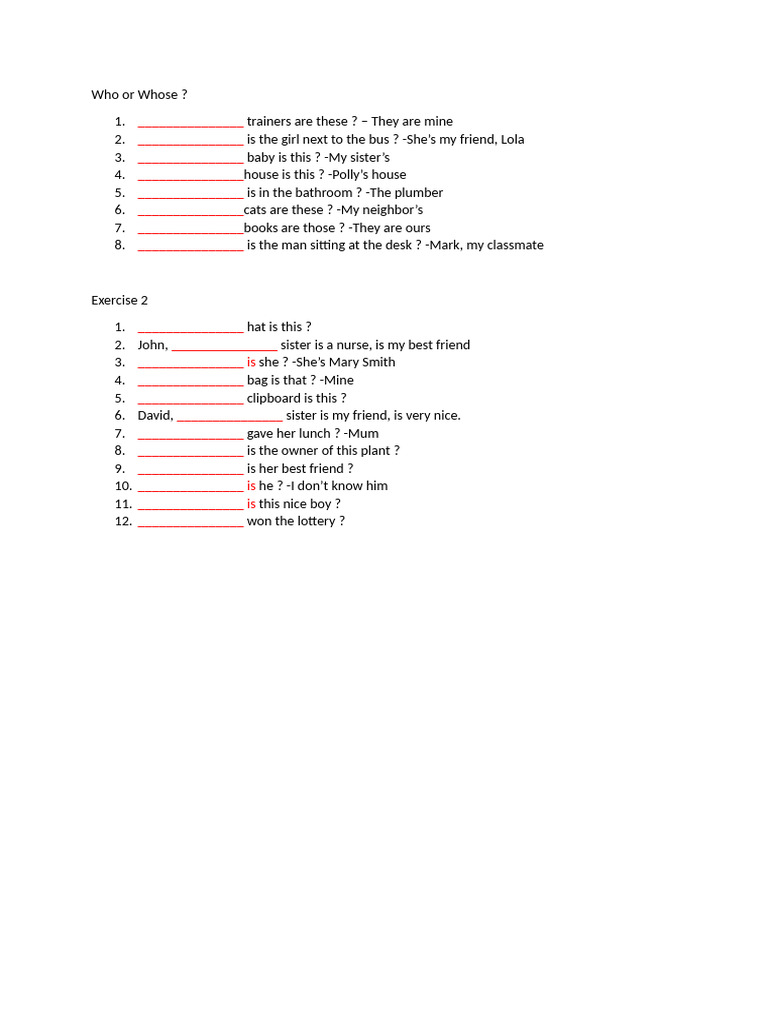 Who or Whose Homework 6eme | PDF