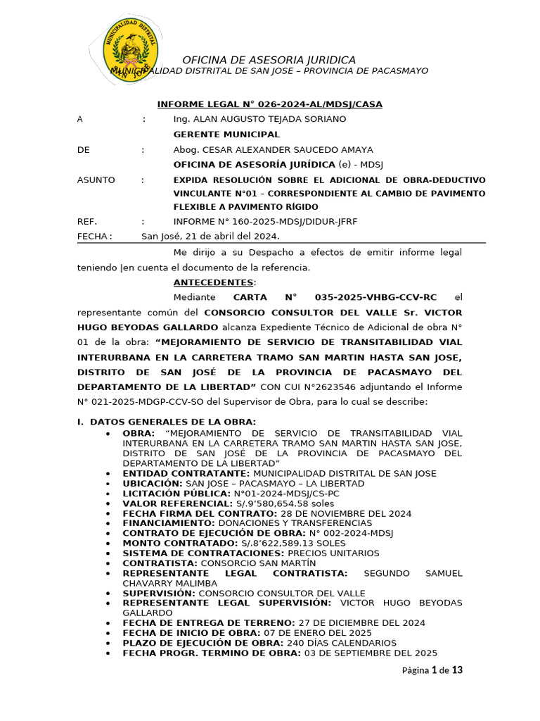 Informe Legal sobre Adicional de Obra | PDF | Presupuesto | Gobierno local