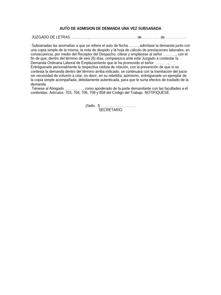 Admisión de Demanda Laboral Subsanada | PDF