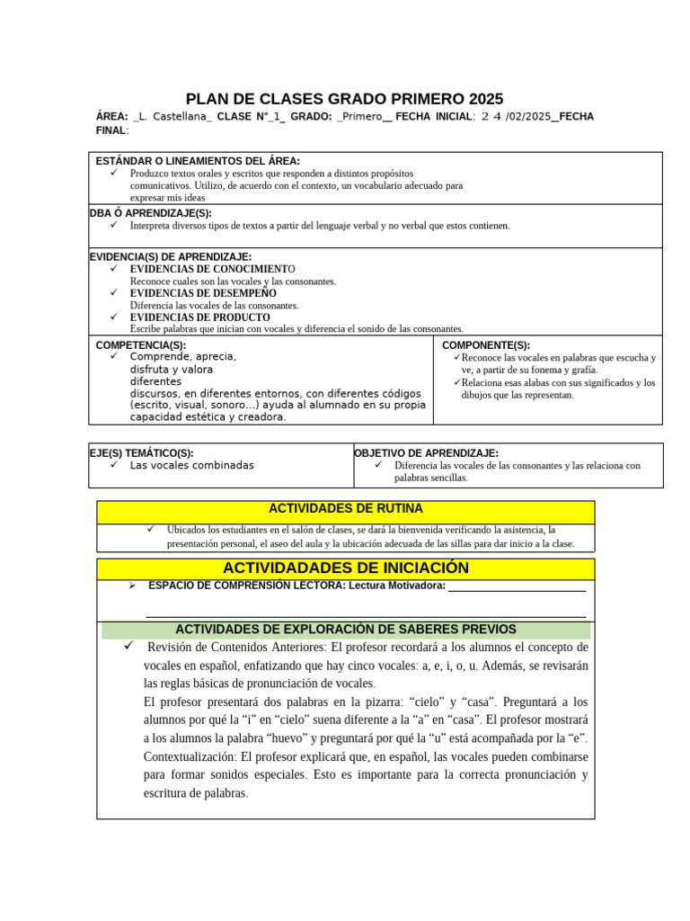 PLAN DE CLASES GRADO PRIMERO 2025 (Recuperado Automáticamente) | PDF ...