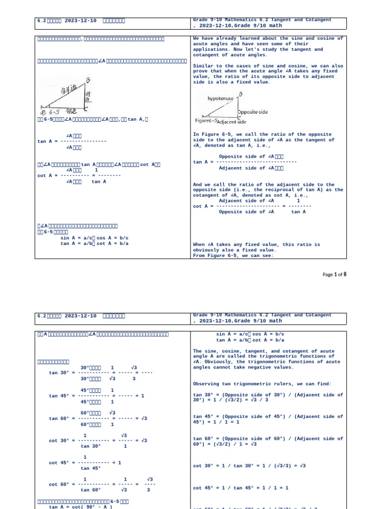 Tangent and Cotangent in Trigonometry | PDF | Trigonometric Functions ...