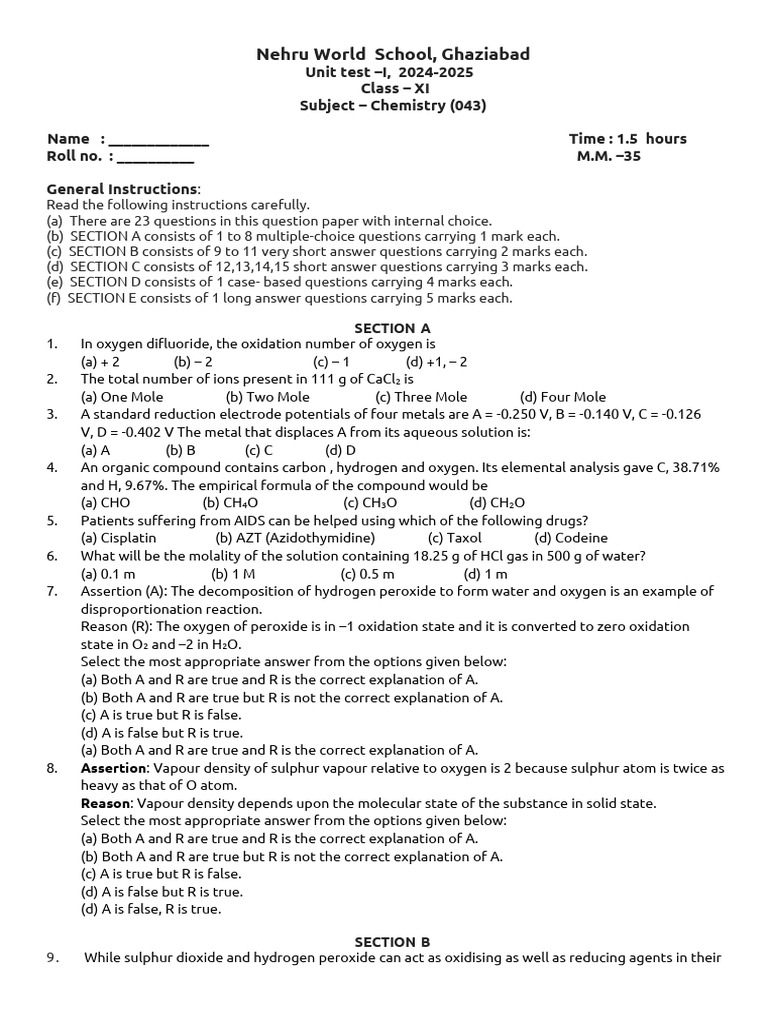 11_Unit_test_1_____13_may2024_chemistry (1) | PDF | Redox ...